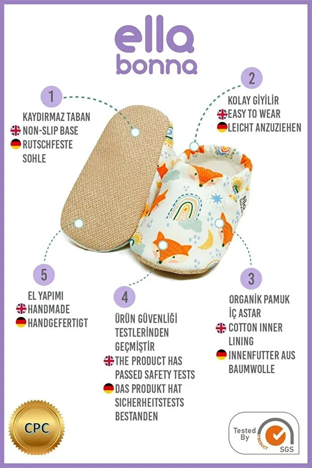 Детские пинетки без каблука с принтом Non-Slip sole fox baby booties Ella Bonna, Fox — фото 4