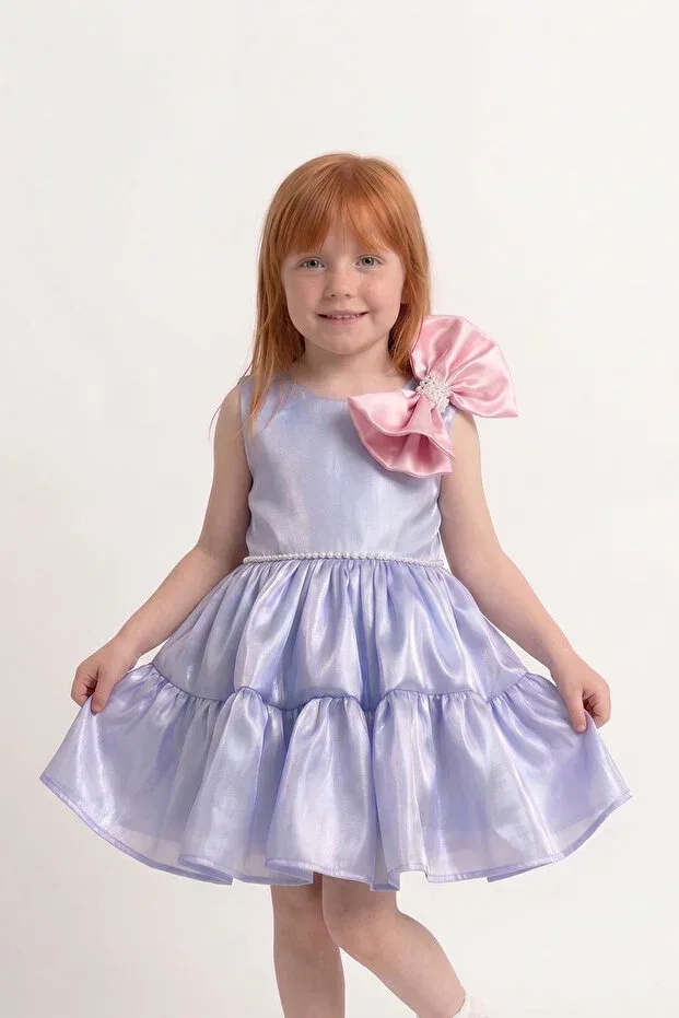 Детское платье для девочек из органзы с принтом Pink Bow Organza Balloon Sleeve Bertuğ Bebek, Blue