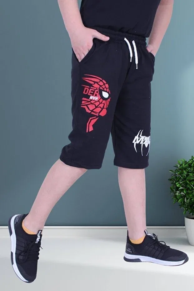Детские шорты для мальчиков с принтом Spiderman text printed wide leg cord detailed Fyk Collection, Black — фото 3