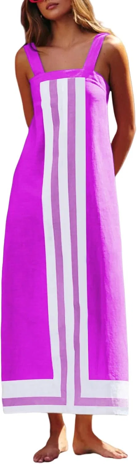 Женское летнее мини-платье в полоску с цветовыми блоками Bohemian, Purple