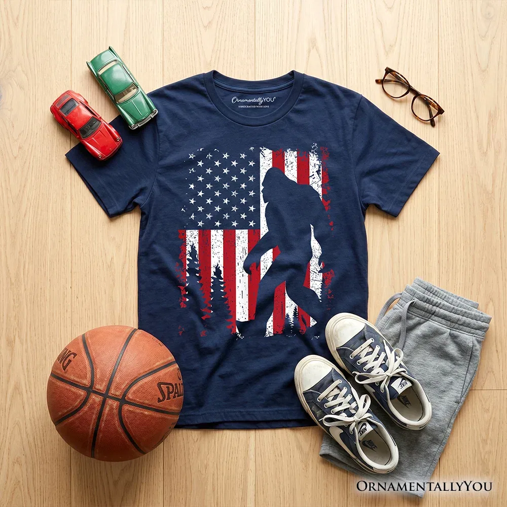 Детская футболка для мальчиков с принтом Bigfoot Patriotic OrnamentallyYou, темно-синий