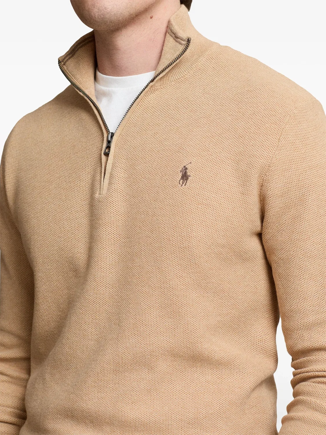 Полосатый пуловер с полу-замком Polo Ralph Lauren, светло-коричневый — фото 2