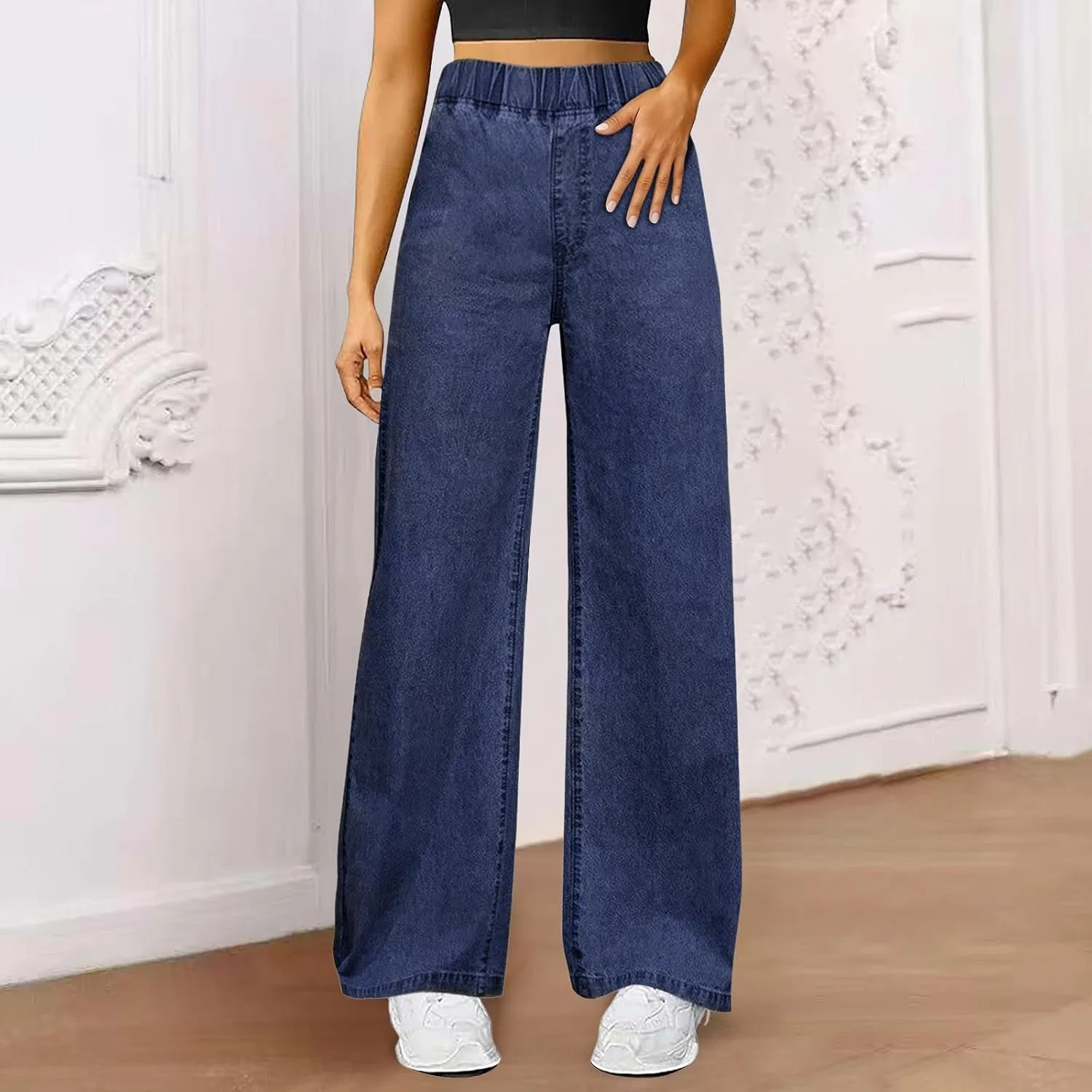 Женские утепленные джинсы с флисом, прямые широкие, High Waisted, тёмно-синий — фото 3