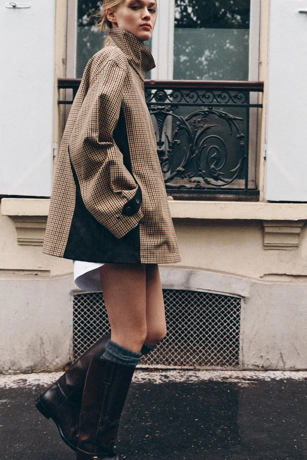 Парка Zara укороченная в клетку, коричневый/кремовый — фото 4