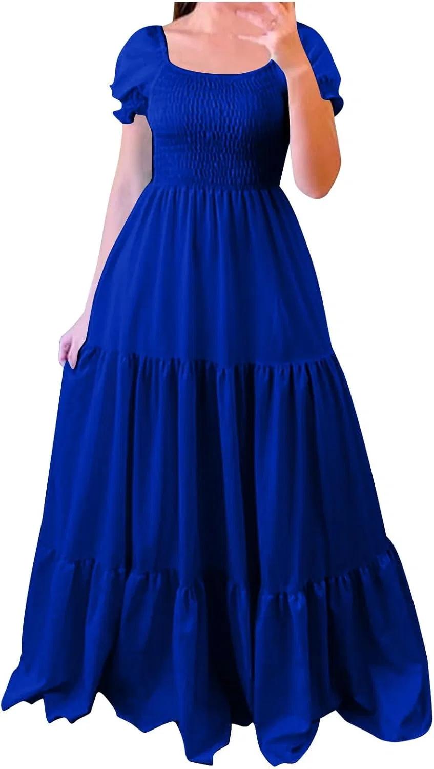 Женское летнее платье макси с пышными рукавами, Blue