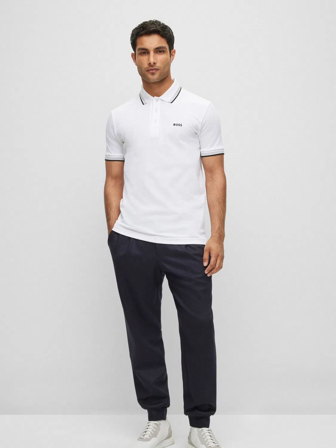 Поло BOSS Regular Fit Paddy с контрастным воротником, белый/серый — фото 3