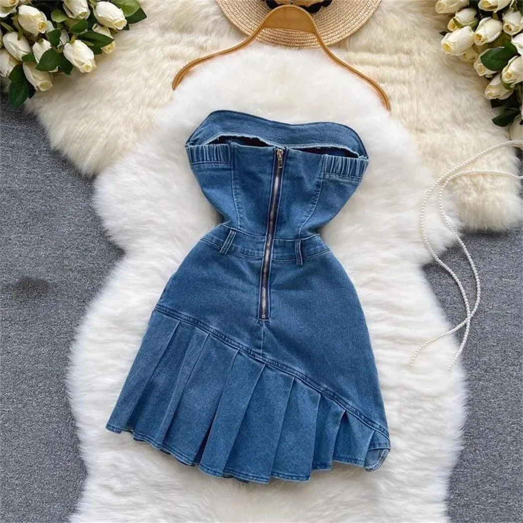 Женское джинсовое мини-платье A-line без бретелек, Blue — фото 4