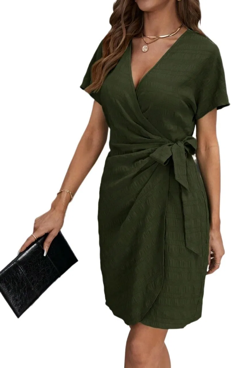 Женское повседневное платье с запахом и узлом на талии, короткий рукав, Army Green