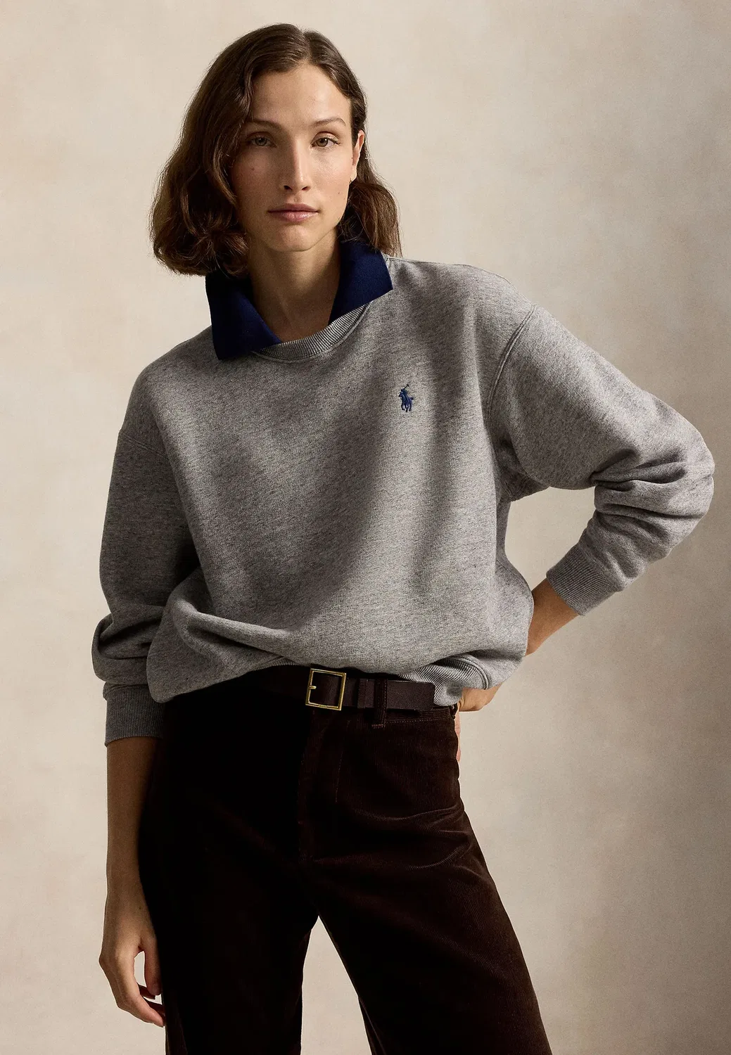 Футболка с длинными рукавами из флиса с воротником-поло и круглым вырезом Polo Ralph Lauren, Dark Vintage Heather
