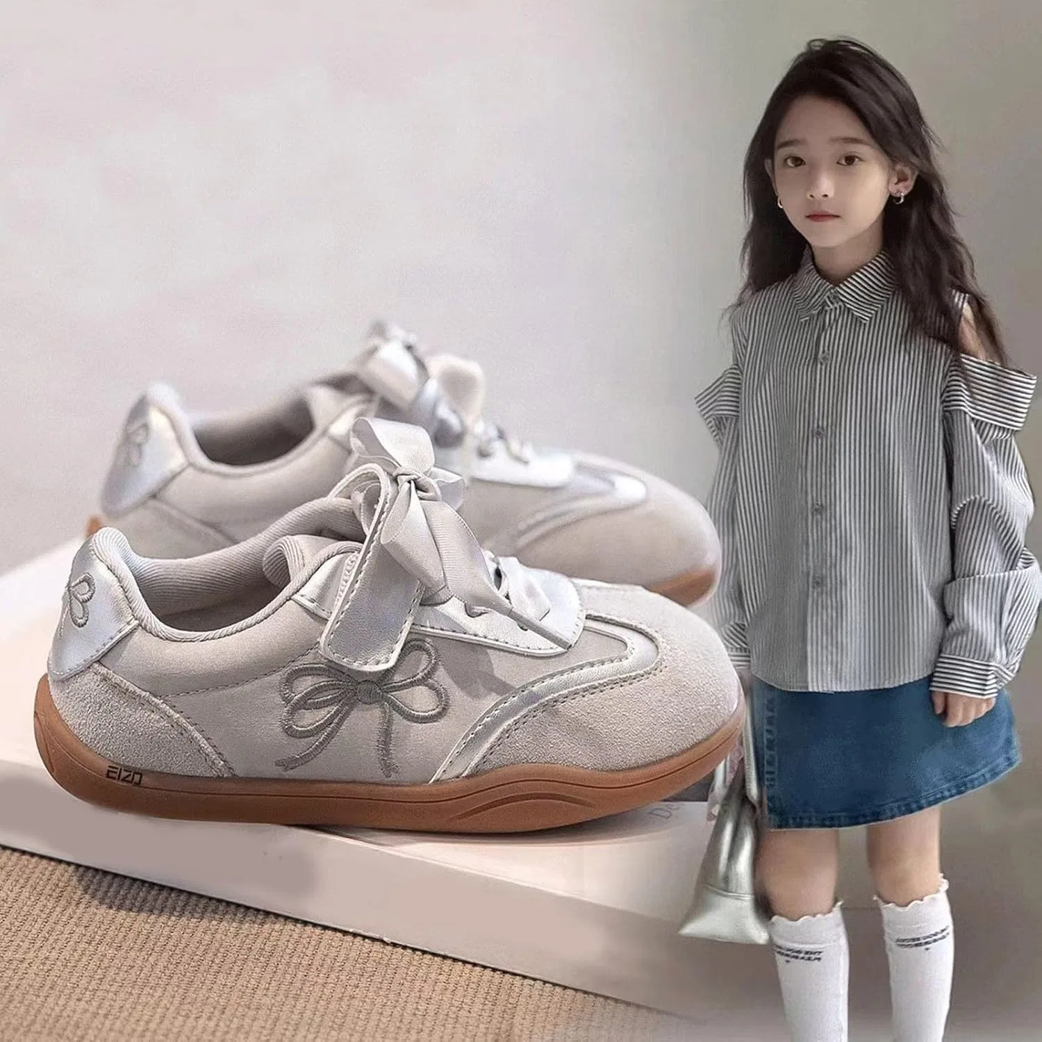 Детские кроссовки для девочек с принтом, модель Kids Sneakers Girls Low Top Print Lightweight Soft Breathable Footwear Walking Running Tennis Holiday Outdoor Sneakers, Silver — фото 2