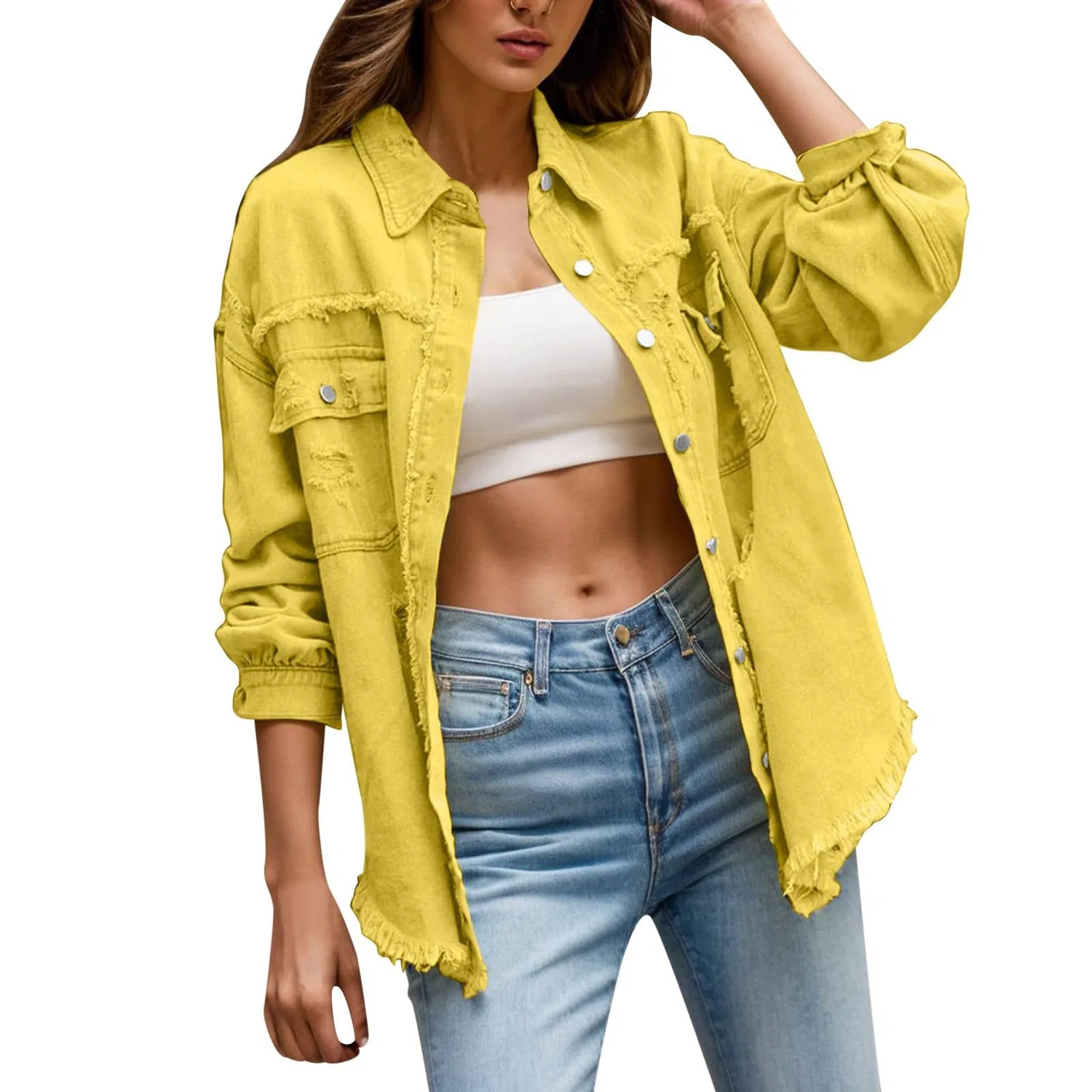 Женское джинсовое пальто оверсайз с рваными деталями, модель Boyfriend Ethnic, Yellow — фото 4
