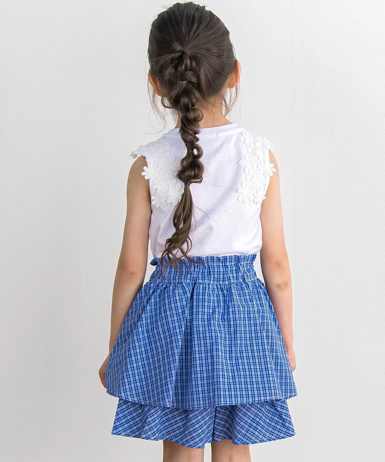 Детские шорты-юбка в клетку с разрезом BeBe Petits Pois Vert, Blue — фото 3