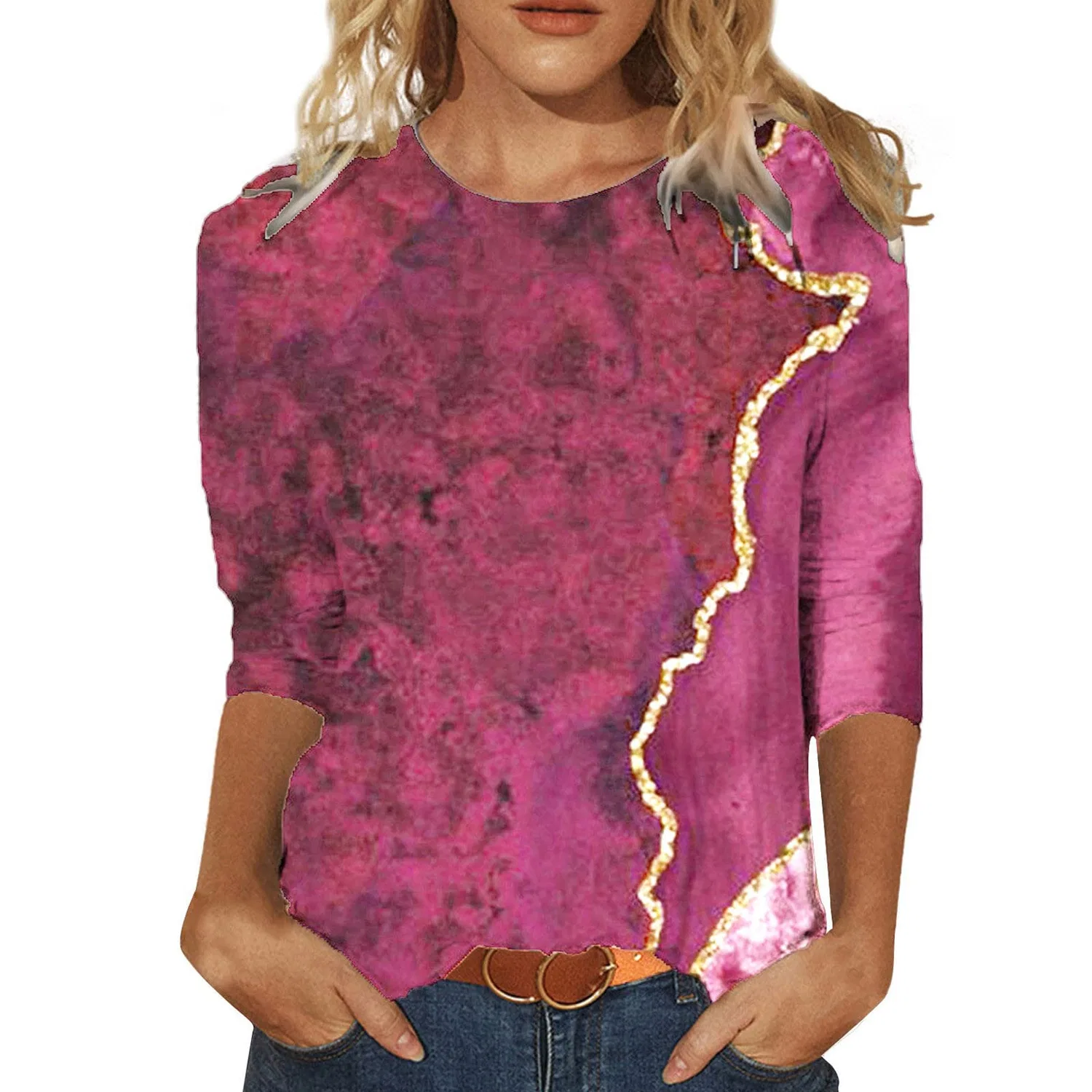 Женская футболка с V-образным вырезом Colorful Gradient Geometric Print, бренд, Wine-2