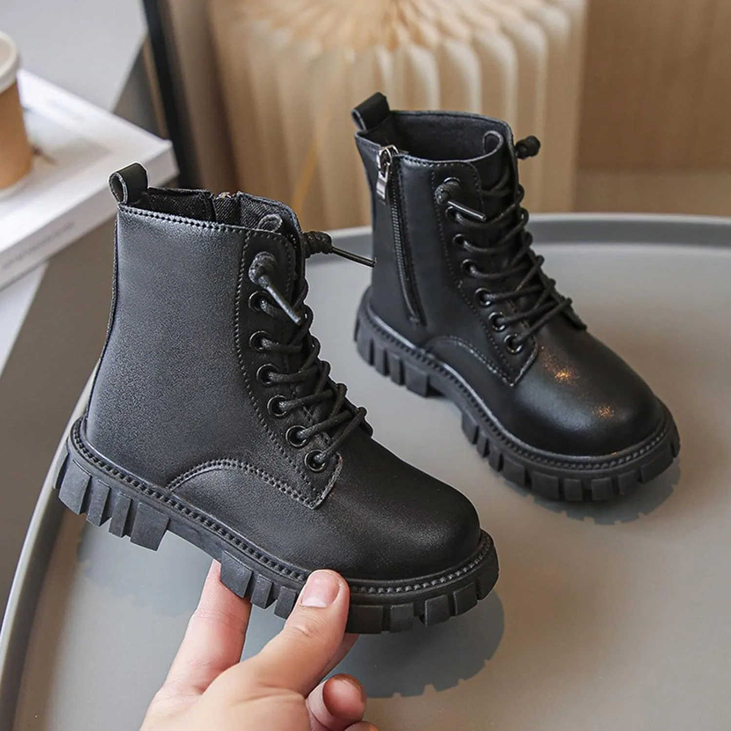 Детские ботинки для девочек на шнуровке из PU-кожи, 3-12 лет, Black — фото 2