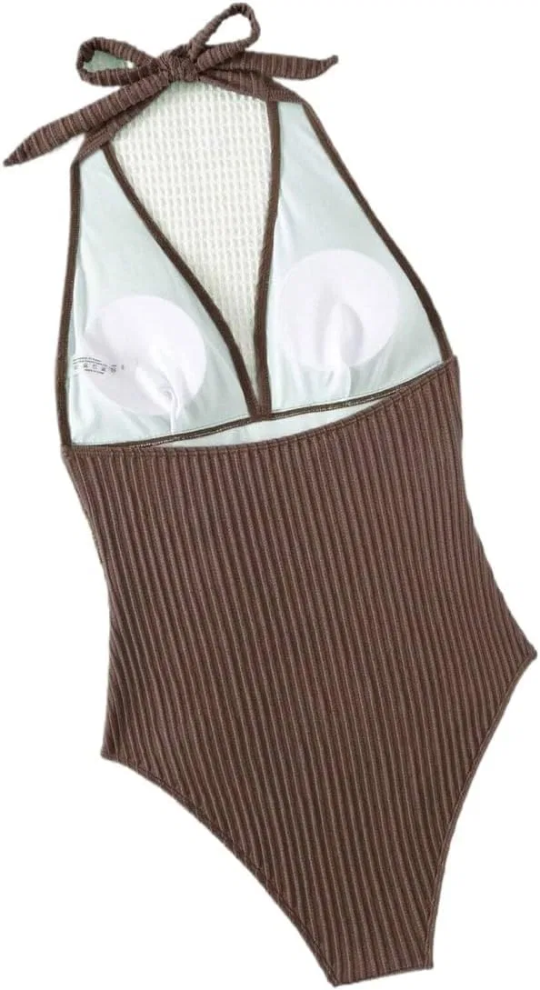 Женский цельный купальник с открытой спиной и завязками Halter, Brown — фото 4