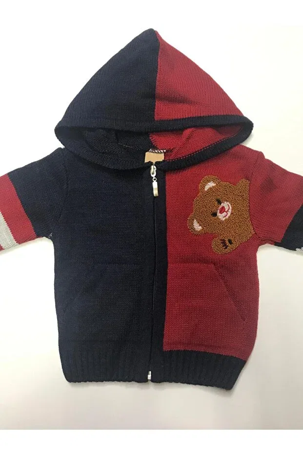 Детский кардиган для мальчиков с принтом Winter Knitwear Bear Patterned Hooded Zipper Pockets Boy Sweatshirt Cardigan Baby Slon Kids Clup, Navy Blue-Red — фото 2