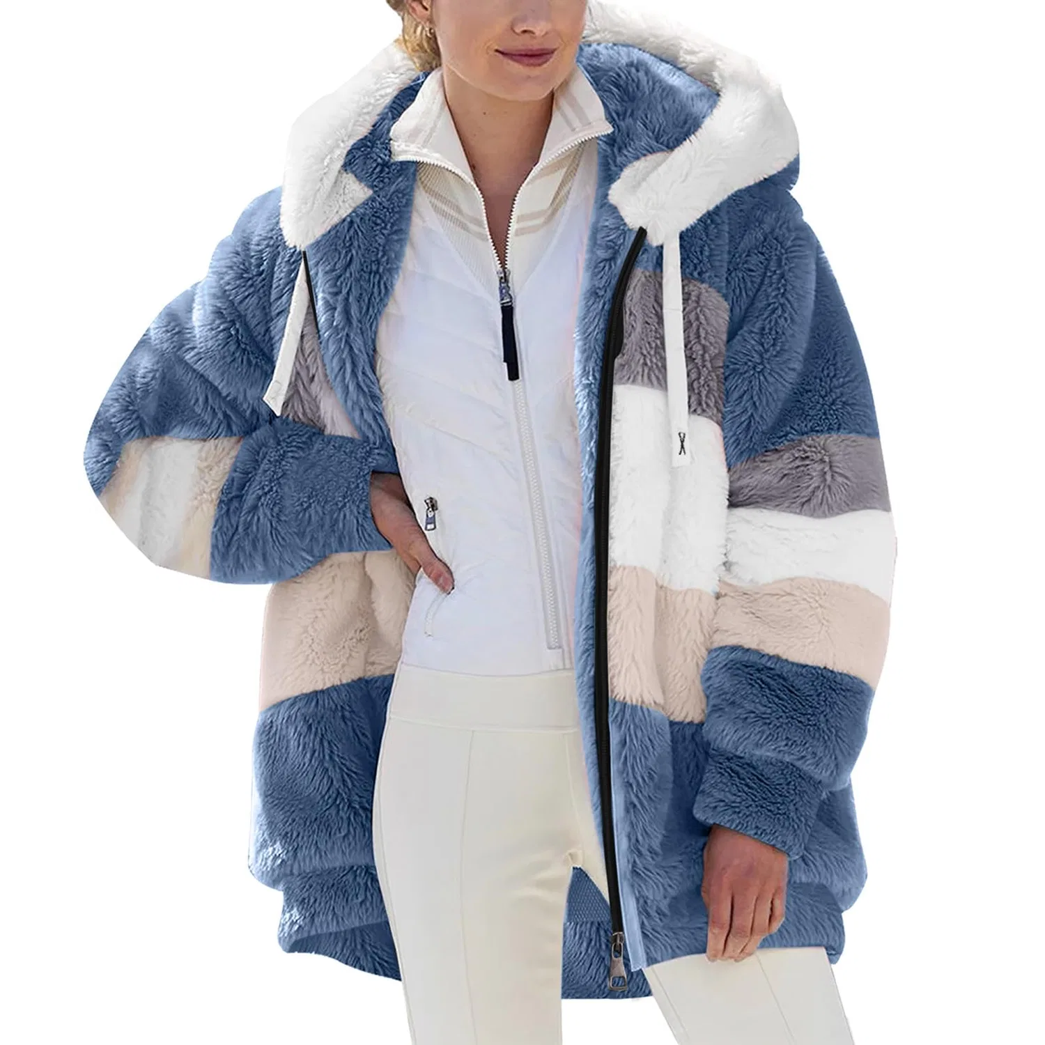 Женское пальто с капюшоном из флиса с длинным рукавом, blu