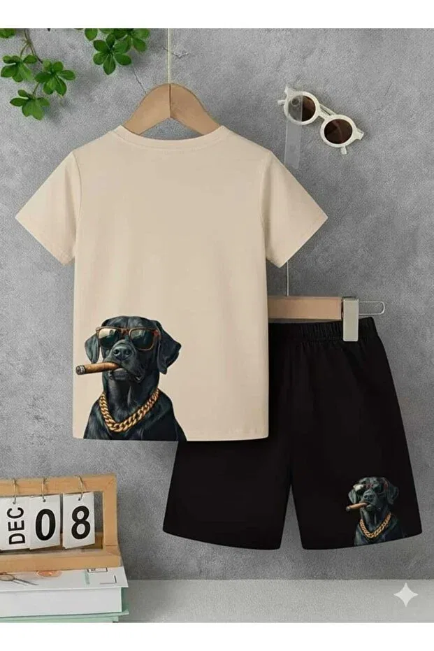 Детский комплект для девочек с принтом Summer children's t-shirt shorts unisex (dog print with pro) Nice Clothes, Bottom Black Top Beige