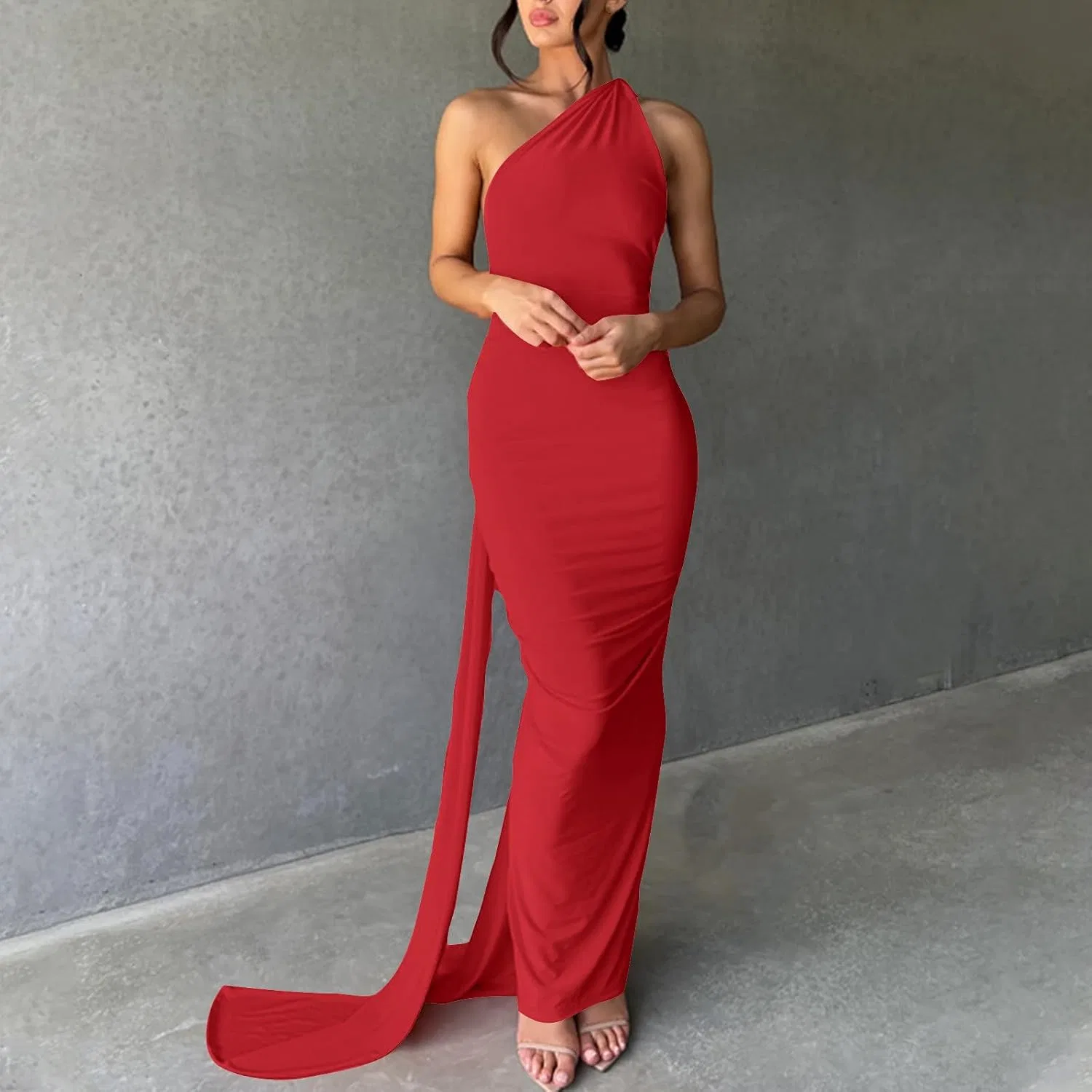 Женское вечернее платье с одним рукавом и драпировкой, Red — фото 2