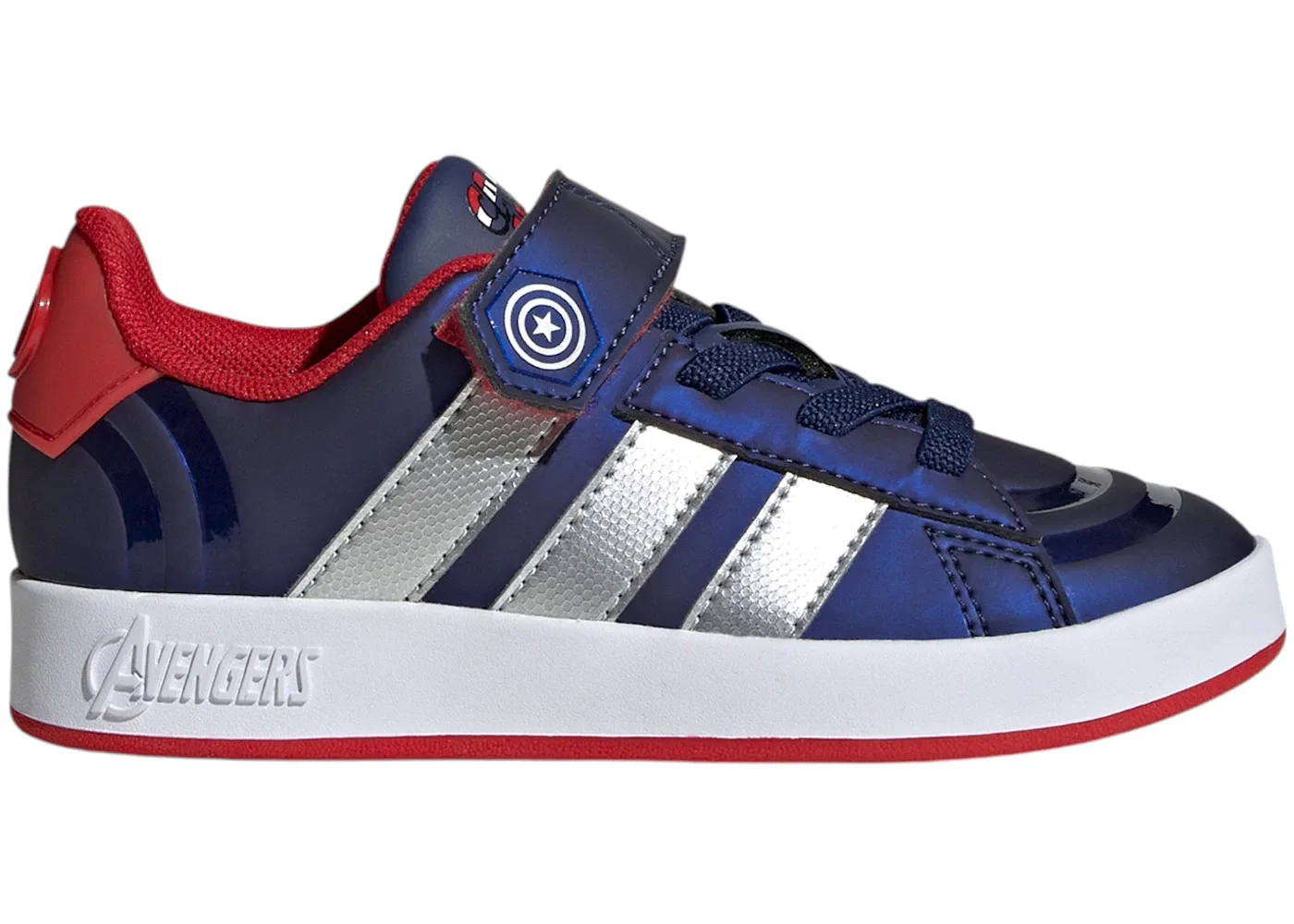 Детские кроссовки Lifestyle с принтом Marvel Avengers Captain America Adidas Grand Court, Dark Blue/Matte Silver/Better Scarlet