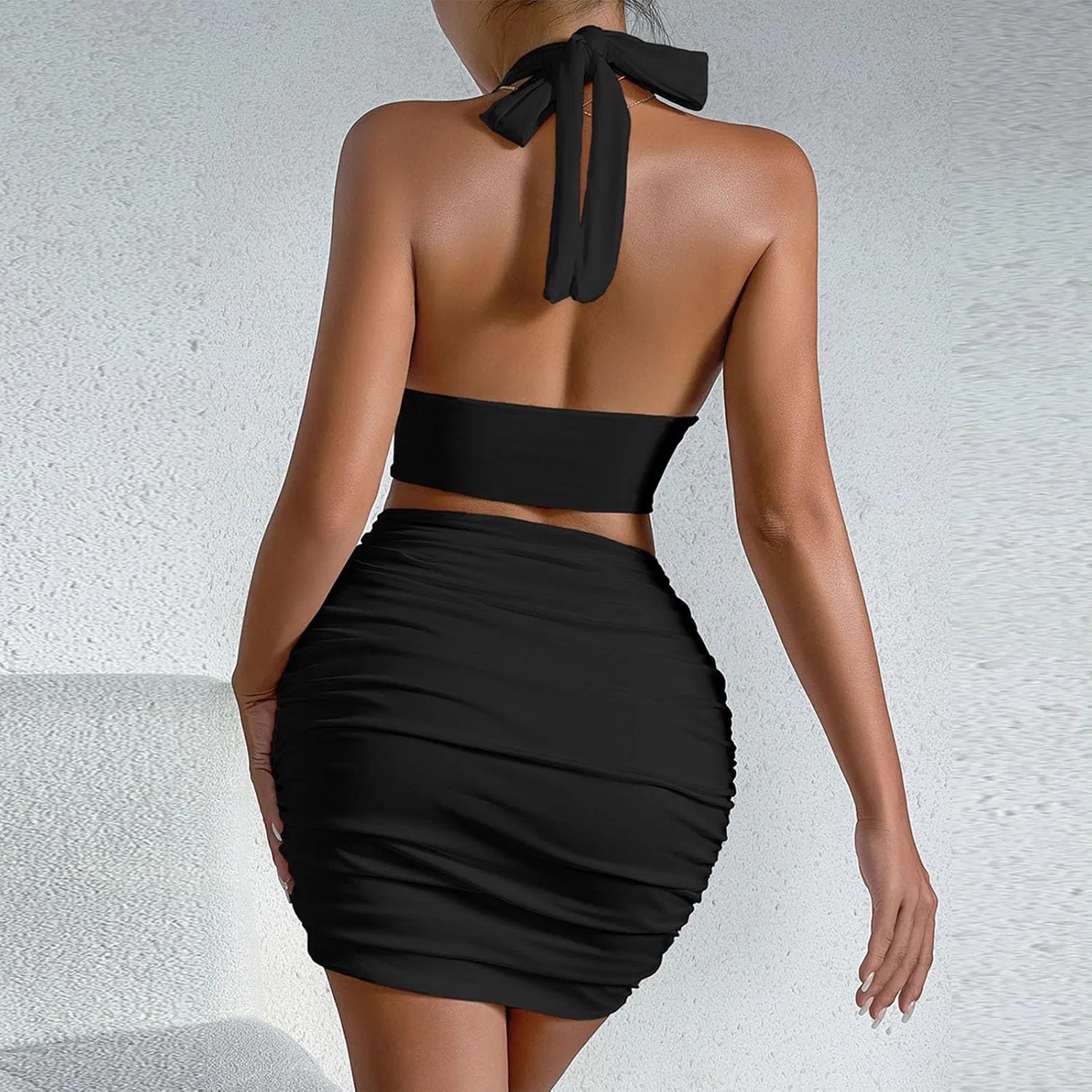 Женский летний комплект из топа и мини-платья с открытой спиной, Black — фото 4