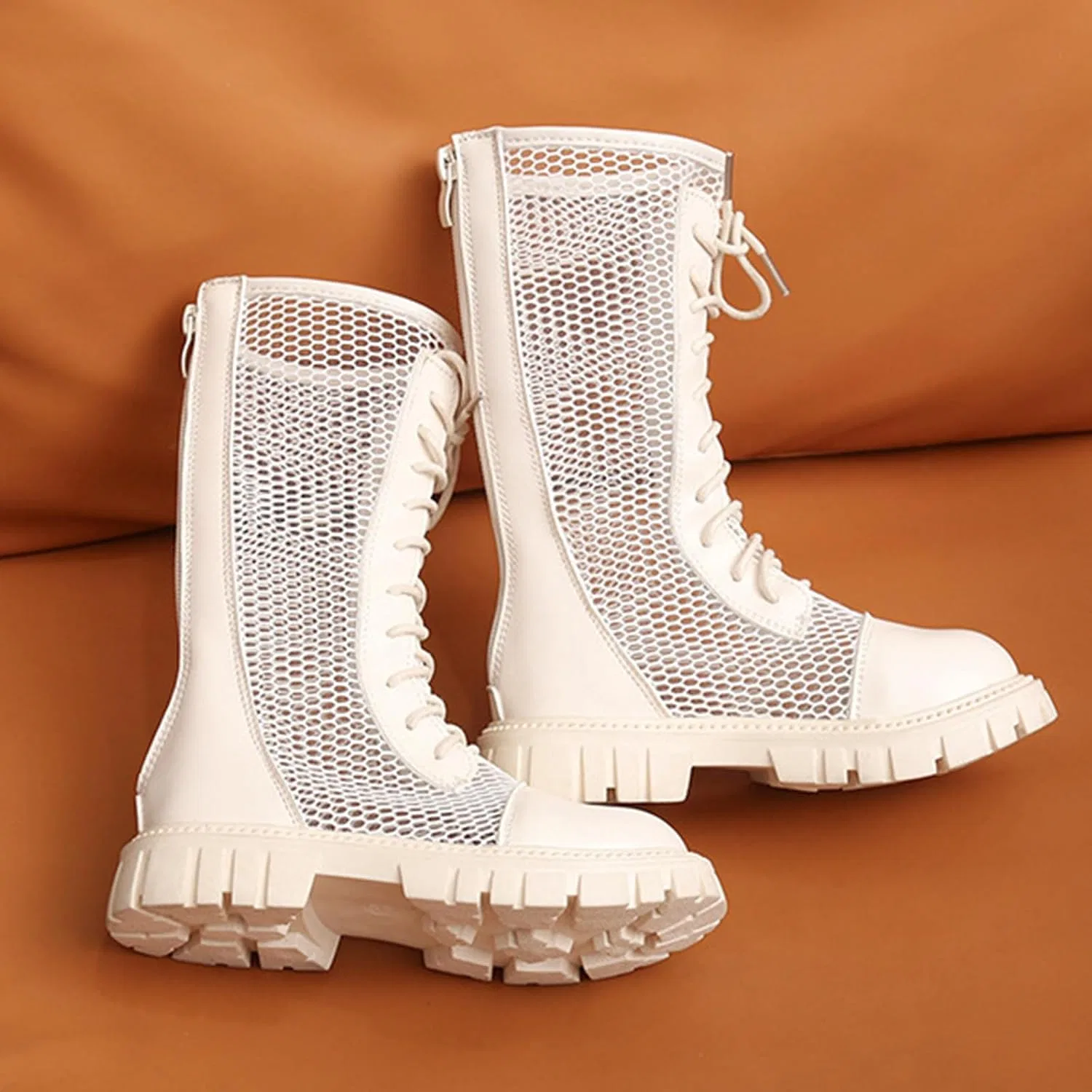 Детские ботинки для девочек с сеткой и шнуровкой Combat Boots TMSNGLSMI, White — фото 2