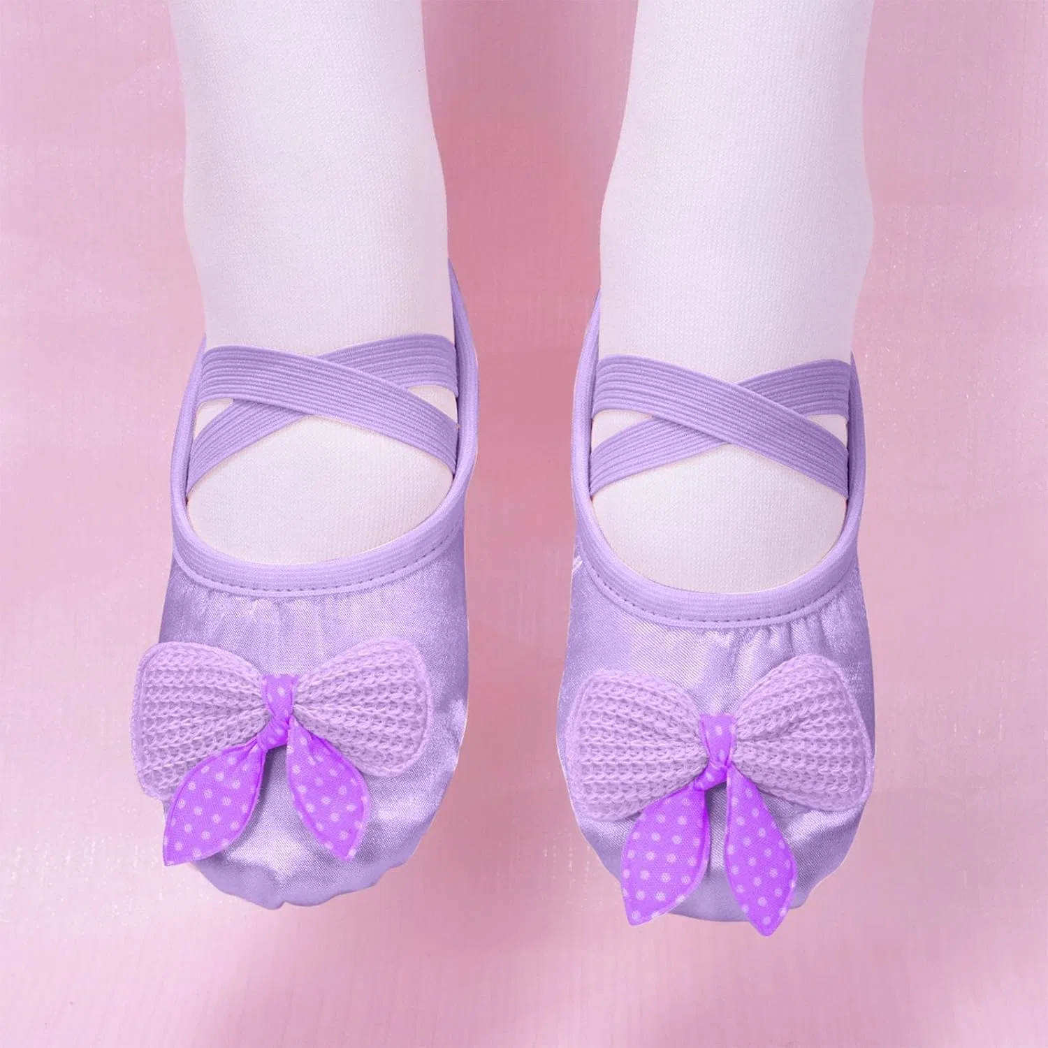 Детские балетки для девочек с бантом и эластичными лямками, Purple — фото 3