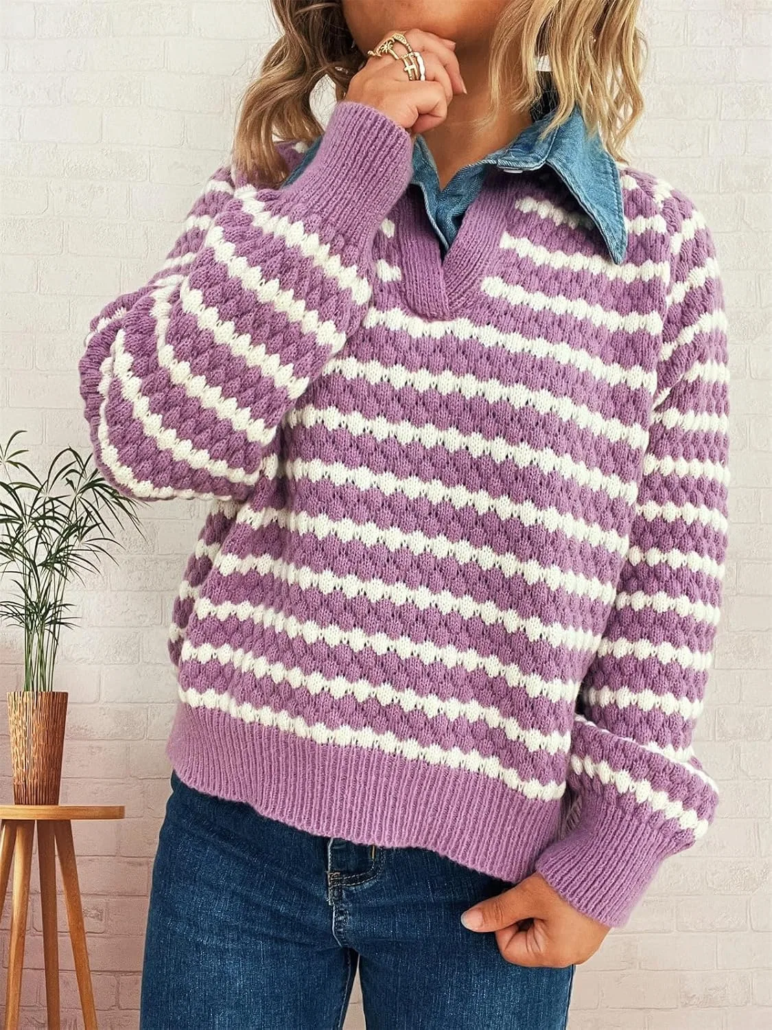 Женский свитер-пуловер с V-образным вырезом и отложным воротником, Vintage Cable Knitted — фото 2