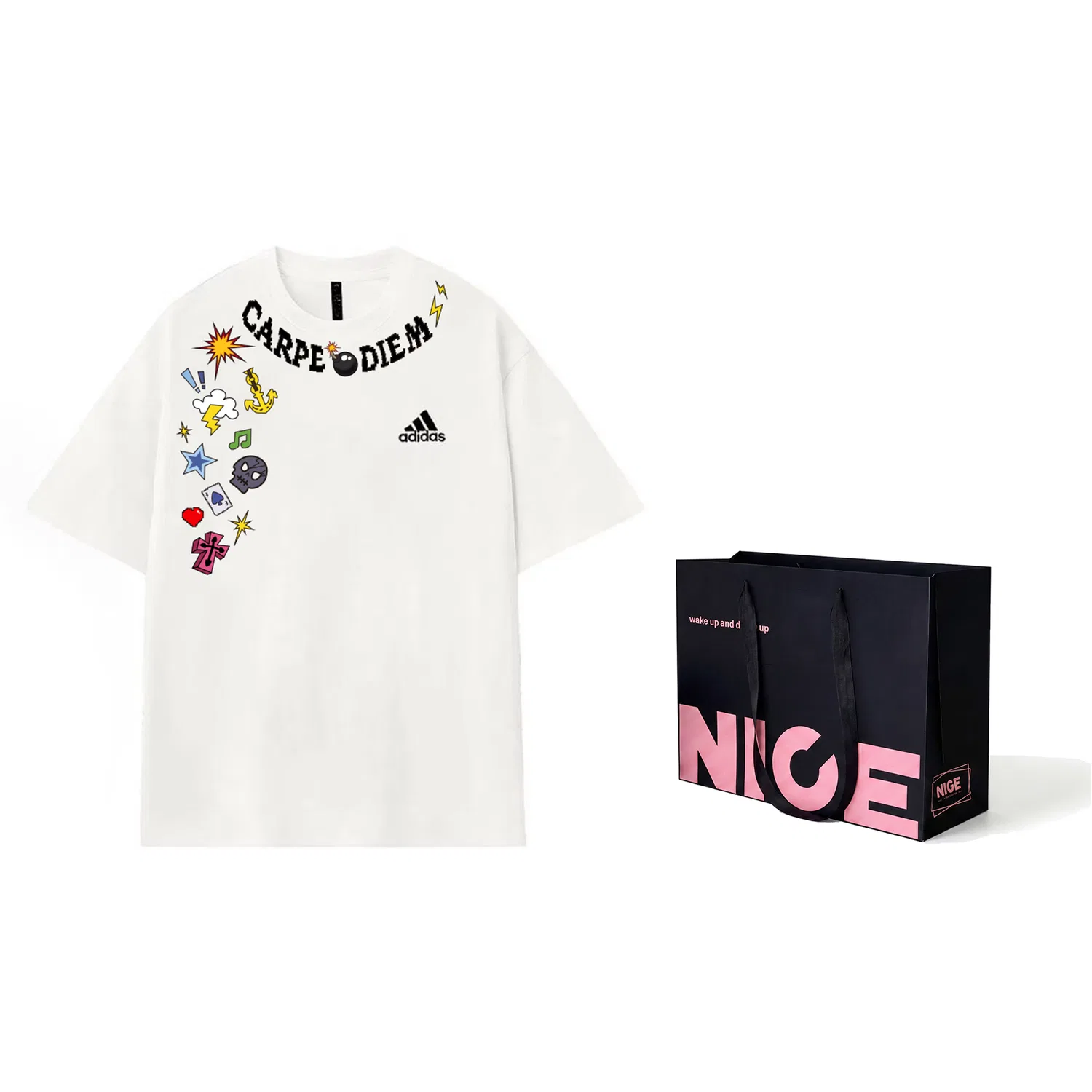Женская футболка с принтом MUST HAVES Adidas, Ecru-Black Pink Shopping Bag