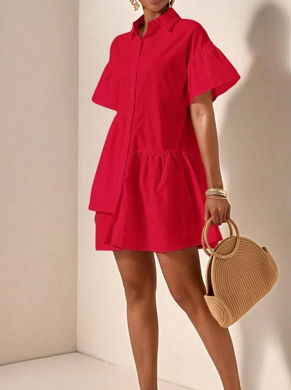 Женское повседневное платье с рюшами и ярусами Short Sleeve, Red — фото 4
