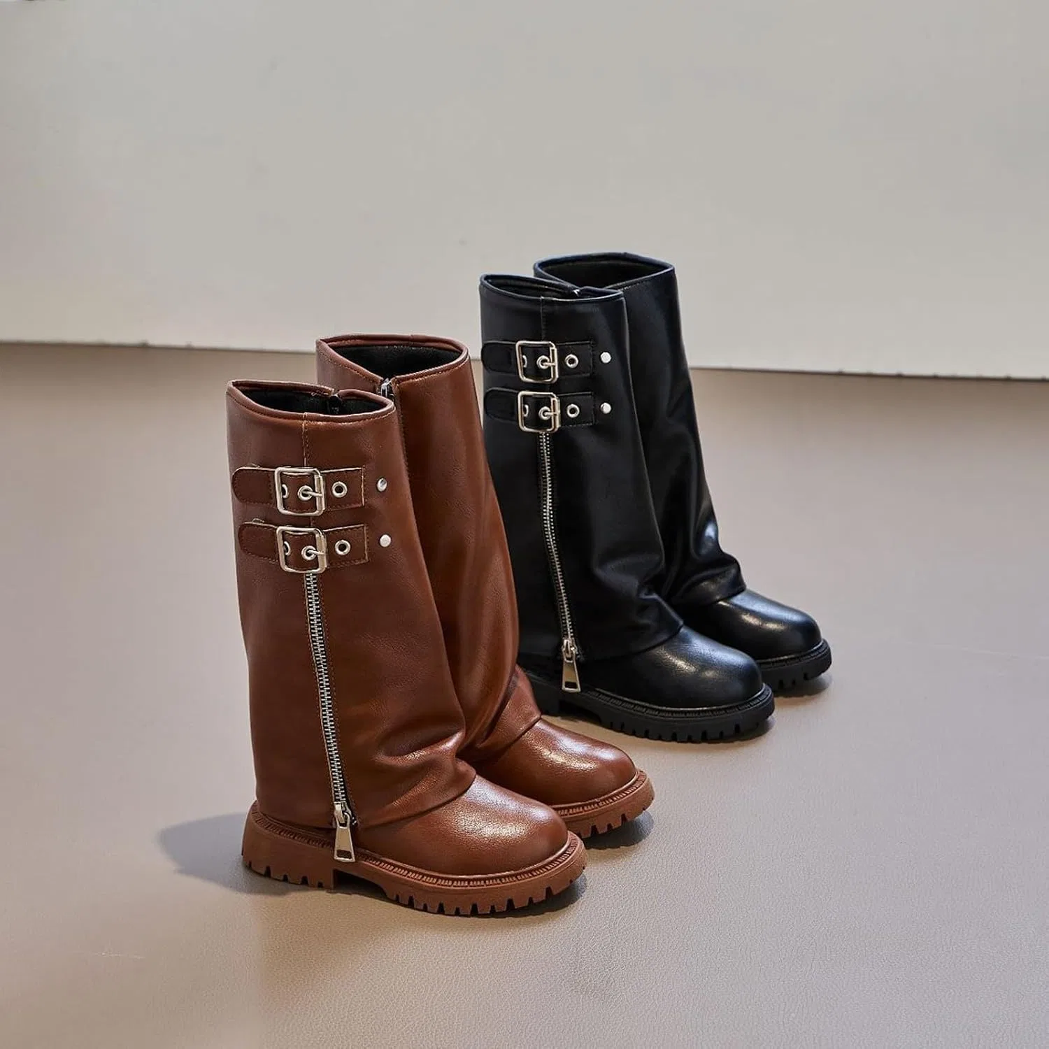 Детские сапоги для девочек с принтом Mid Calf Fold Over, Brown — фото 3
