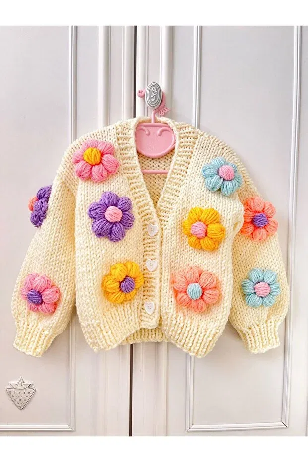 Детский кардиган для новорожденных с цветочным принтом Hand knitted children-baby cardigan Bilgem Butik, Cream — фото 2