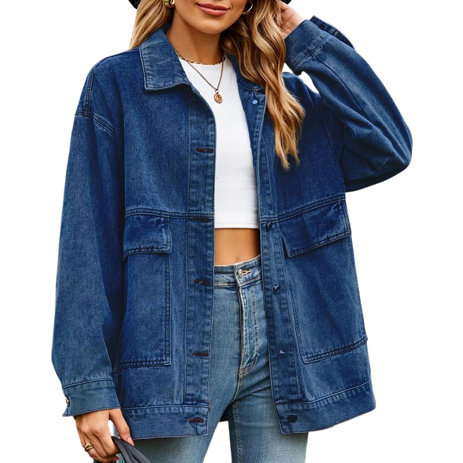 Женская джинсовая куртка oversize с эффектом потертости, модель trucker, Blu scuro