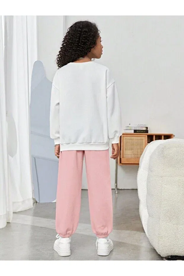 Детский спортивный комплект для девочек с принтом Los Angeles Printed Sweatshirt Tracksuit Set Novibe, Pinkwhite — фото 2