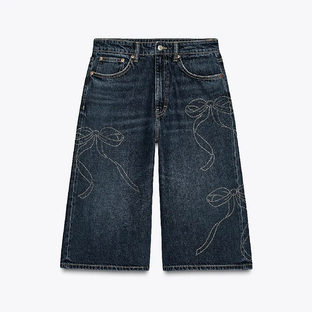 

Шорты-бермуды Zara Mid-waist Rhinestone Denim, синий