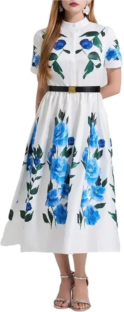 Женское повседневное платье с поясом и принтом, Slim Fit, Blue