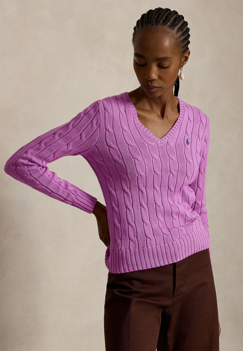 Хлопковый свитер крупной вязки с V-образным вырезом Polo Ralph Lauren, Thistle Pink