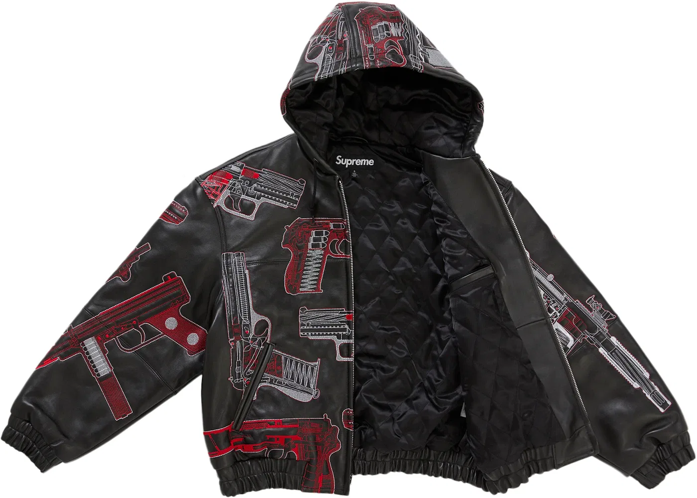 Мужская куртка с вышивкой Supreme Guns Leather Jacket Supreme, Black — фото 2