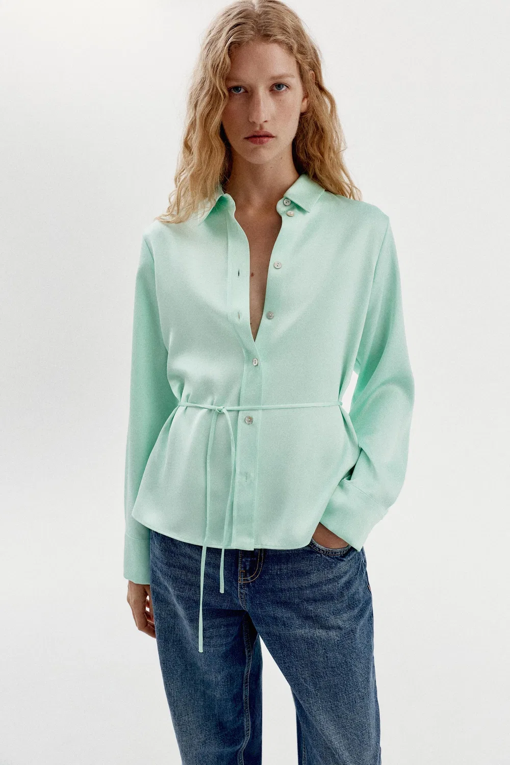 Атласная рубашка с завязками на спине ZARA, Mint — фото 2