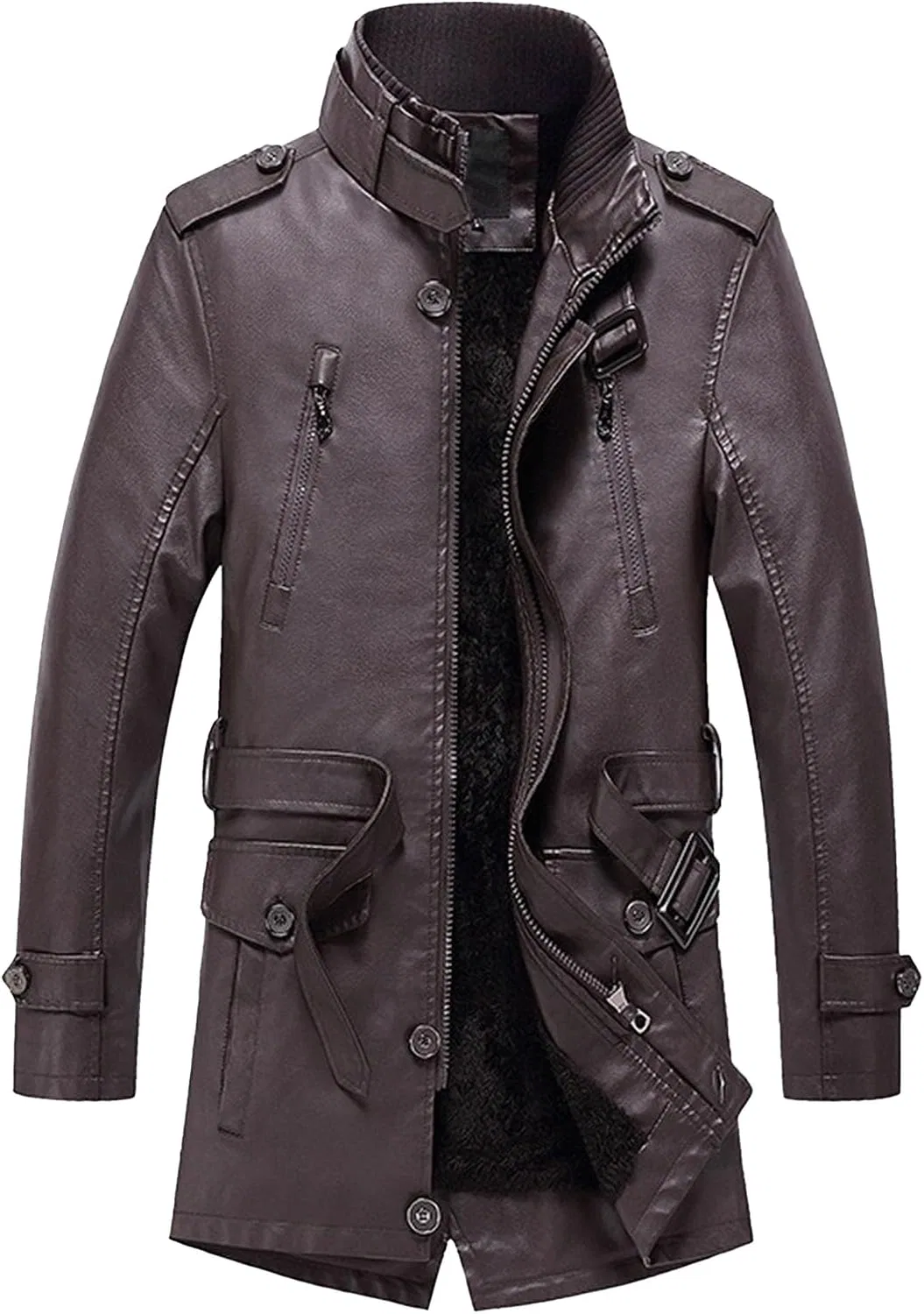 Мужское пальто из эко-кожи с флисом, Vintage Warm Leather Coat, кофейный