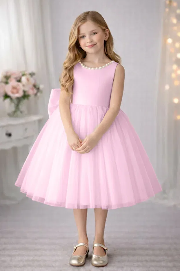 Детское платье для девочек без рукавов Violet model collar pearl girls dress satin top, fluffy dream tulle special occasion dress Suneh, Candy Pink