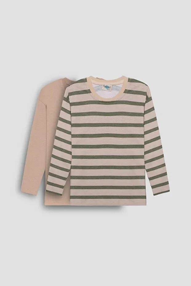 Детский комплект футболок с длинным рукавом в полоску Perendi, Khaki Beige-Beige