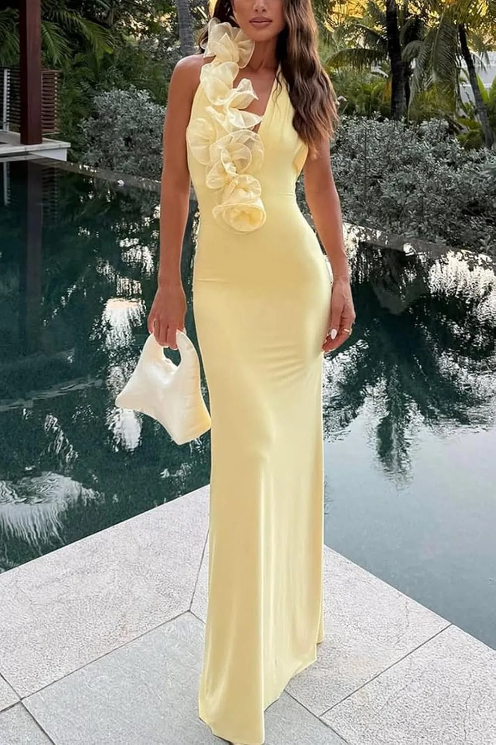 Женское платье с V-образным вырезом и 3D кружевом, Light Yellow — фото 2