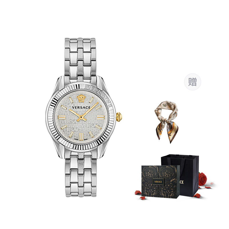 

VERSACE Часы Modern Password Collection Wrist Watch Quartz Movement Green Dial Unisex Limited Fortune Box+Silk Scarf, Silver Dial