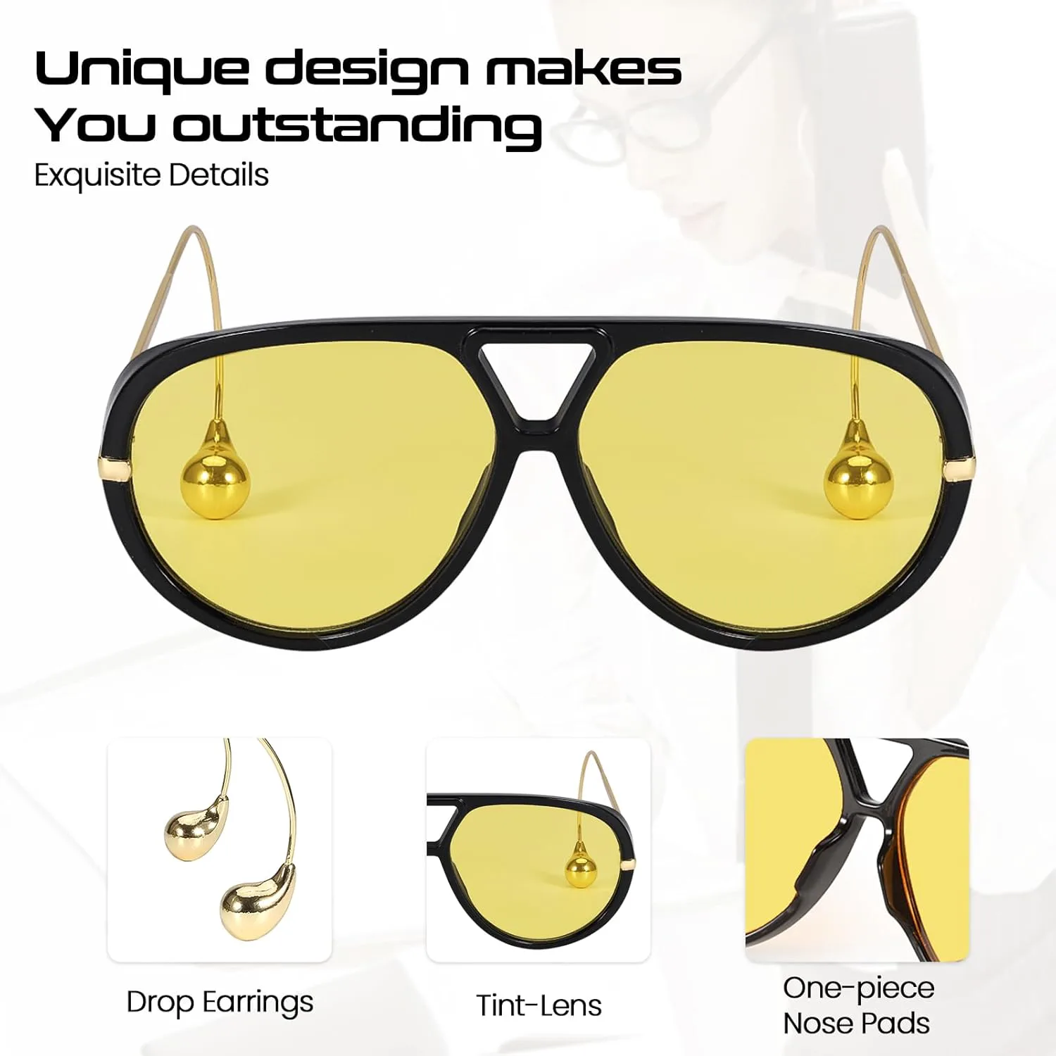 

SODQW 2 шт. Большие солнцезащитные очки-авиаторы для женщин и мужчин с серьгами, модные, крупные, с двойной перемычкой, модель 2025, Black/Yellow+black/Grey