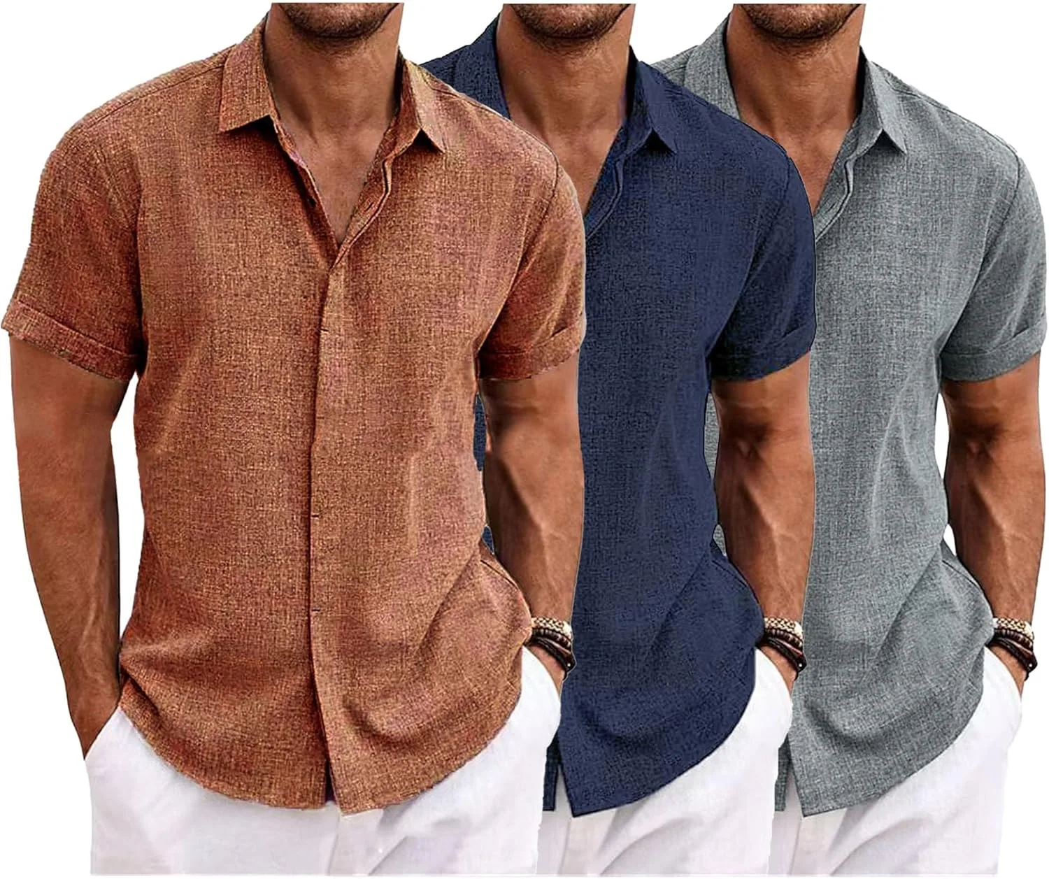 

Maiyifu-GJ 3 Pack мужская летняя хлопковая льняная рубашка casual короткий рукав