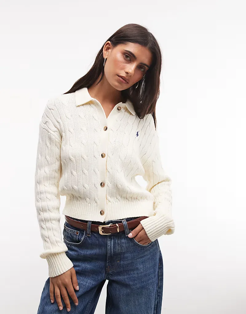 Кардиган прямого кроя Polo Ralph Lauren с косами, кремовый
