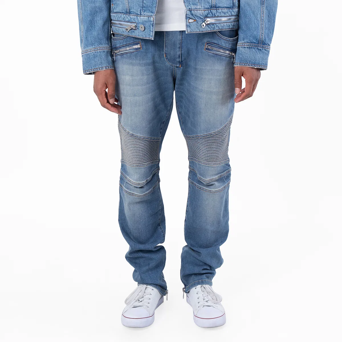 Джинсы-байкер слим-фит Balmain Denim Slim-Fit Biker Jeans, Bleu Jean