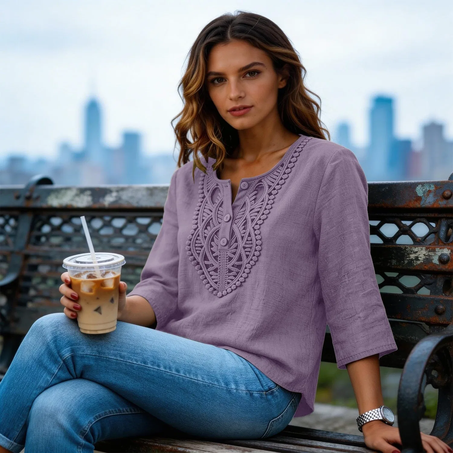 Женская льняная туника с вышивкой Retro 3/4 Sleeve Boho Casual Loose Fit Lightweight Summer Beach Blouse, A-purple — фото 3