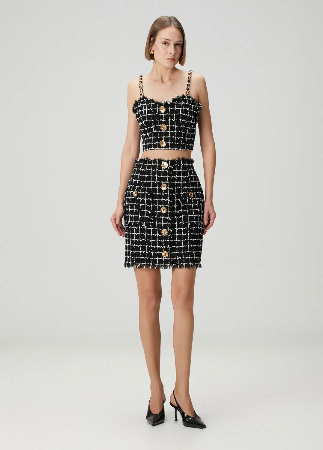 Юбка мини твидовая Balmain, черно-белая